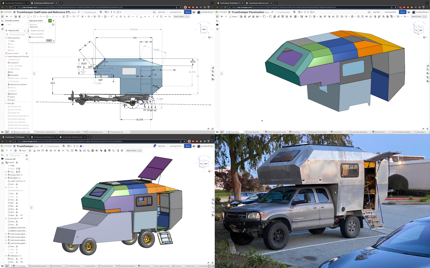 Four pane view of camper design progression